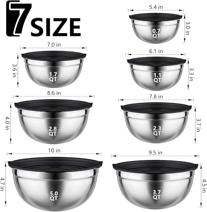 Leidawn Mixing Bowls with Lids set - 25 PCS Stainless Steel Nesting Black Mixing Bowls Set for Baking, Mixing, Serving & Prepping, Size 5, 3.7, 2.8, 2.3, 1.7, 1.1, 0.7QT, 11 Cooking - Image 4