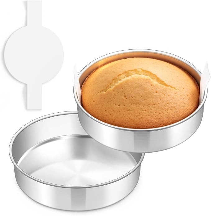 TeamFar 8 Inch Cake Pan Tins Set of 2, with 90 Pcs Parchment Paper | Stainless Steel Round Layer Cake Bakeware for Birthday Wedding, Non-Toxic & Easy Release, Mirror Finish & Dishwasher Safe by TeamFar
