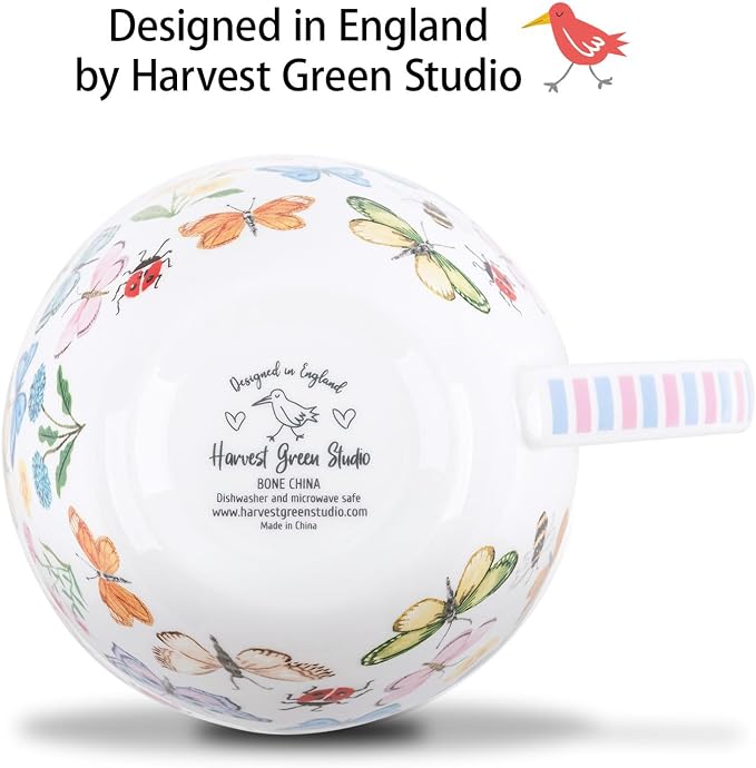 Colorful Butterfly Mug - 20oz Bone China Coffee Tea Hug Mug with Multicolor Butterflies, Ladybugs, Bees & Blooms, Perfect Gifts for Mom Women Mothers Day, Designed in England by Harvest Green Studio - Image 7