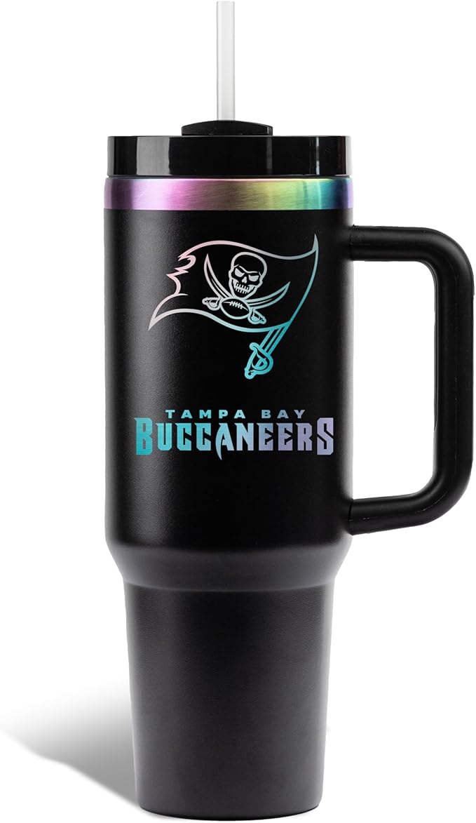 The Memory Company NFL 40oz Iridescent Tumbler - Double-Wall Vacuum Insulated Stainless Steel Water Bottle - Team Spirit Travel Cup with Handle, Lid and Straw, Hot and Cold Drink Container