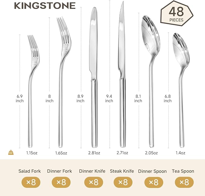 KINGSTONE 48-Piece Silverware Set with Steak Knives, Flatware Set for 8, 18/10 Stainless Steel Tableware Cutlery Set for Home Restaurant, Mirror Finish,Modern Design - Image 2
