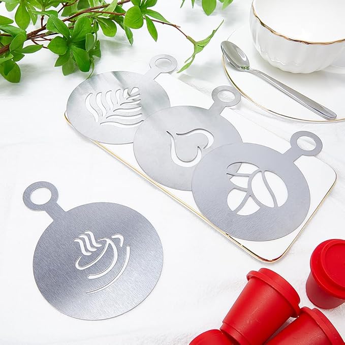 GORGECRAFT 4 Styles Coffee Latte Decorating Stencils Stainless Steel Chocolate Heart Leaf Metal Cookie Cocktail Stencils Barista Cappuccino Tools Foam Art Templates for Cup Cake Birthday Cake