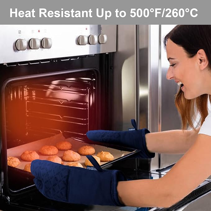 KEGOUU Oven Mitts and Pot Holders 6pcs Set, Kitchen Oven Glove High Heat Resistant 500 Degree Extra Long Oven Mitts and Potholder with Non-Slip Silicone Surface for Cooking(Marine Blue) - Image 6