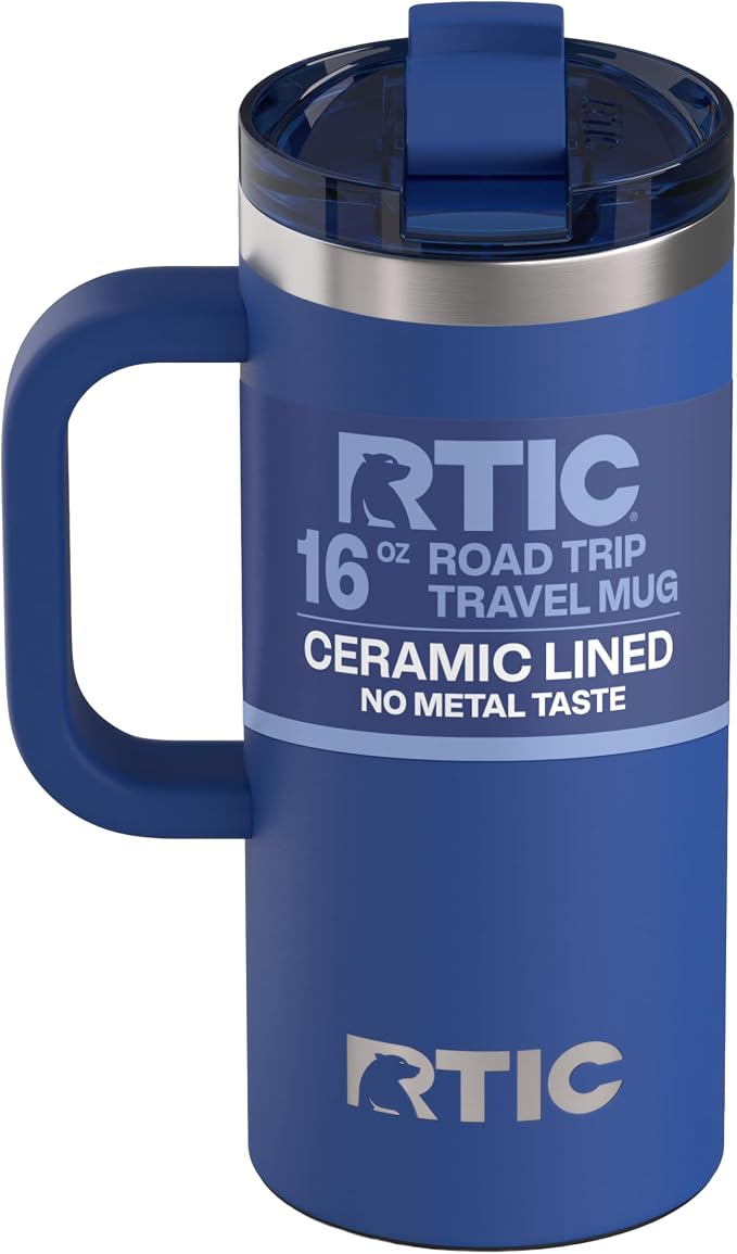 RTIC 16oz Road Trip Travel Mug with Lid and Handle, Ceramic Lined, Cobalt | Stainless Steel Metal, Insulated Travel Cup for Hot and Cold Drinks, Coffee, Car, Camping and Travel by RTIC