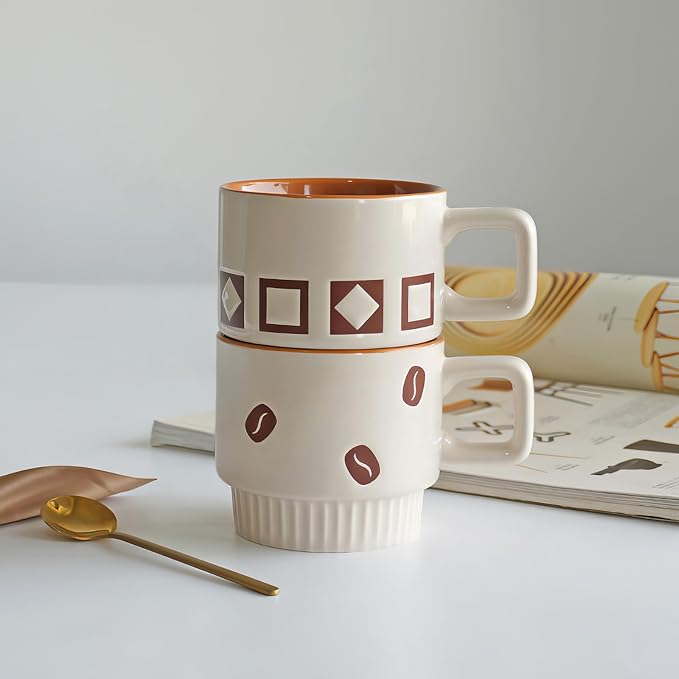 Stackable Coffee Mug Sets of 4 with Rack Tea Cup Set with Spoon 11oz for Coffee, Tea, Cocoa, Cappuccino, Hot Chocolate Ceramic Espresso Cups with Coffee Cup Holder, theme of Trendy - Image 7