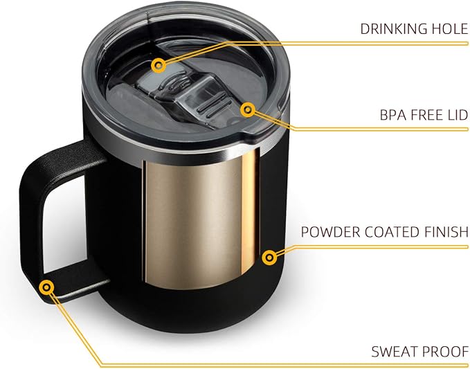12 oz Insulated Travel Coffee Mug with Handle, Black | Stainless Steel Coffee Tumbler with Lid, Double Wall Vacuum Thermal Cup for Camping - Image 5