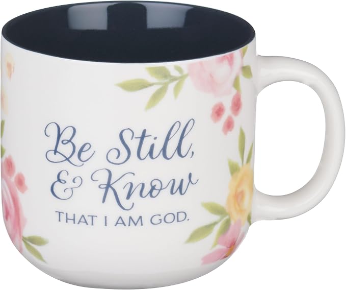Christian Art Gifts Inspiring Ceramic Coffee Mug for Women: Psalm 46:10 Bible Verse, Dishwasher & Microwave Safe Novelty Cup, Encouraging Gift for Women, White & Navy Blue Multicolor Floral, 14 oz. by ChristianArtGifts