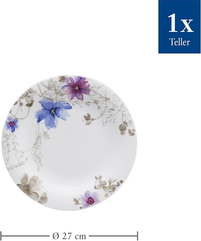 Villeroy & Boch Mariefleur Gris Basic Dinner Plate, 27 cm, Premium Porcelain, White/Multicoloured - Image 3
