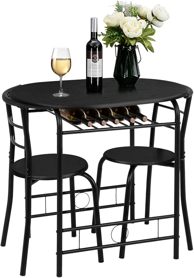 VINGLI 3 Piece Dining Set,Small Kitchen Table Set for 2,Breakfast Table Set,Kitchen Wooden Table and 2 Chairs for Small Space/Dining Room/Apartment,Metal Frame,Wine Rack,Black - Image 2
