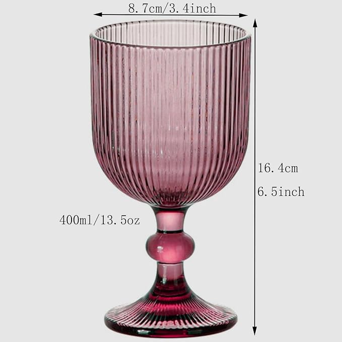 Taganov Purple Glasses Drinking Water Goblets set of 6 Colored Wine Glasses 13oz Pink Vintage Glassware for Wedding Party Bar Vertical Line Embossed Pattern Stemmed Cups 400ml - Image 6