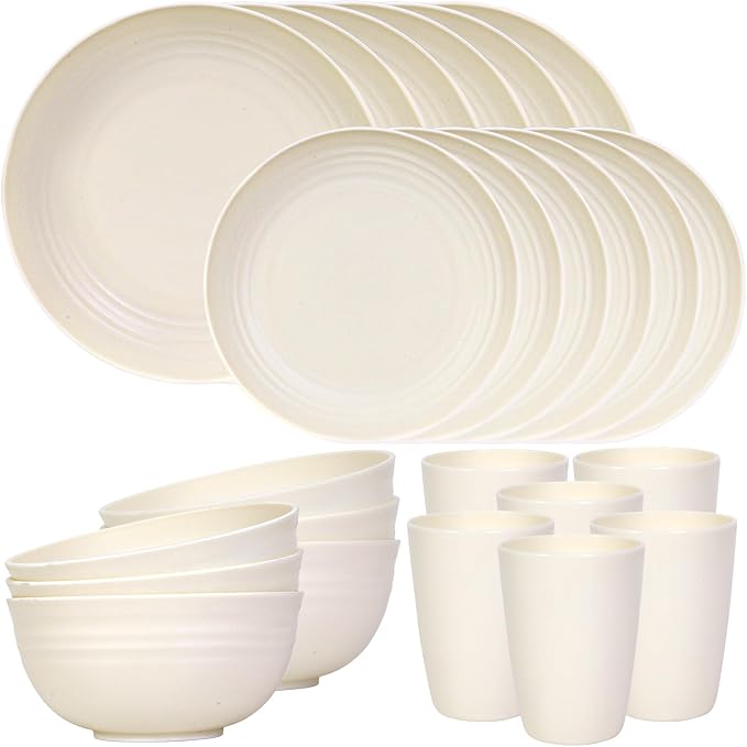 Quatish 24 Piece Plates and Bowls Sets for 6, Unbreakable Dinnerware Sets, Dish Set for Camping, Dishwasher Microwave Safe, Outdoor Kitchen and Apartment Dorm Dinning RV Essentials, Beige by Quatish