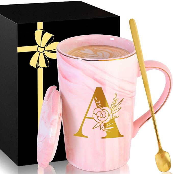 Personalized Ceramic Women Coffee Mug Tea Cup with Lid Heavy Pretty Large Pink Customized Cool Cute Women Birthday Christmas Gift for Her Wife Mother Day Grandma Girlfriend Friend Friendship Unique,A by MNZZ