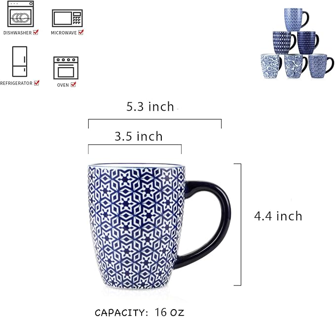 Selamica 16 oz Ceramic Coffee Mugs Set of 6, Ceramic Tea Cup with Handle, Dishwasher oven microwave safe, Vintage Blue - Image 2