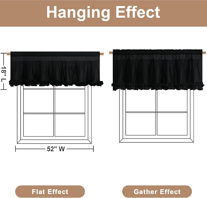 Likiyol Linen Valances for Windows Farmhouse Window Valances with Ruffle Rustic Country Light Filtering Kitchen Valance Curtains Rod Pocket Valance for Bathroom Cafe, Black, 52" W X 18" L - Image 3