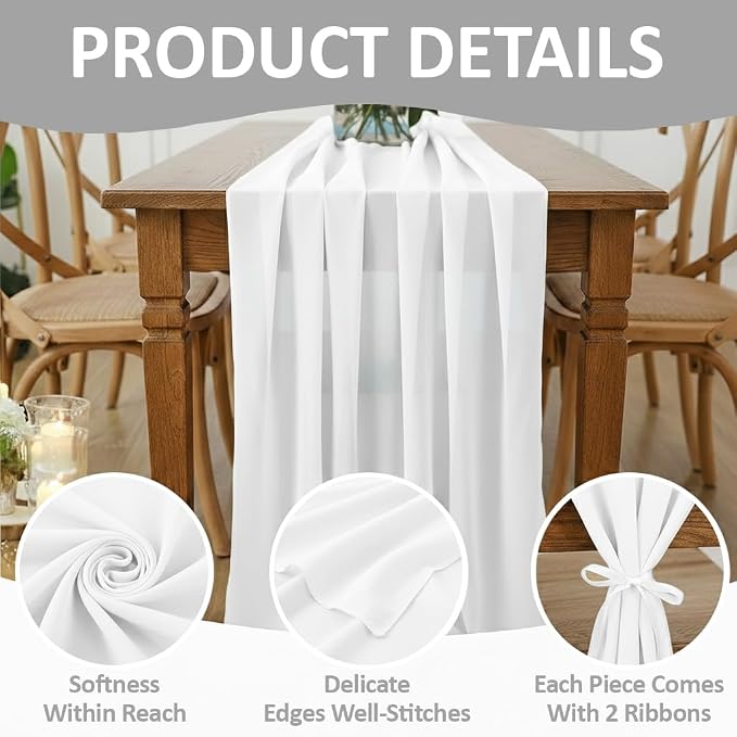 Pack of 15 | White | 14ft Chiffon Table Runner 29x170 Inches Long Romantic Rustic Sheer Gauze Runner for Wedding Bridal Shower Birthday Banquets Engagement Spring Easter Boho Decorations - Image 5