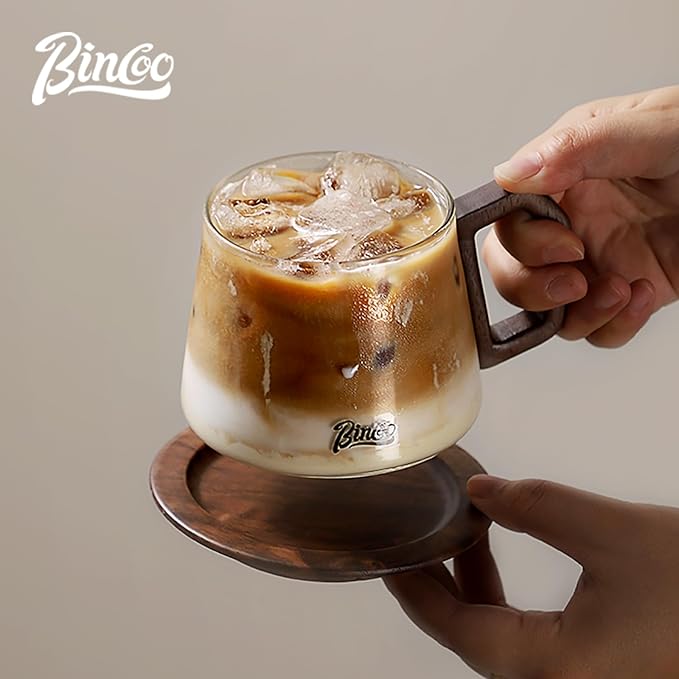 Bincoo Glass Cappuccino Cups 12oz/340ml with Coffee Scoop,Thickened Clear Glass Coffee Mug with Wooden Handle for Espresso,Latte,Tea