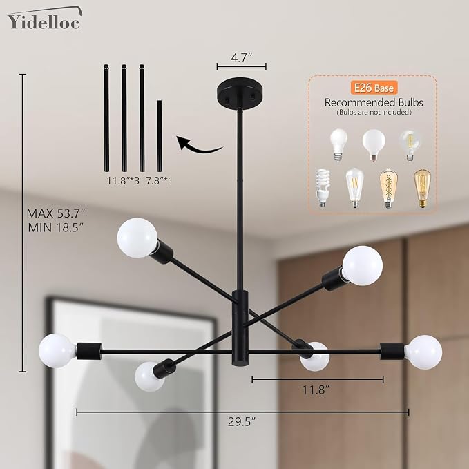 6-Light Modern Sputnik Chandelier, E26 Base Branch Height Adjustable,Mid Century Chandelier Pendant Light for Dining Room Hallway Bedroom Foyer Living Room Kitchen (Bulbs Not Included) - Image 8