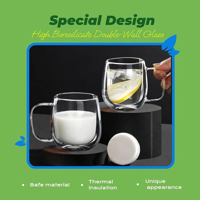 High Borosilicate Double-Wall Glass Mug - Handcrafted Creative Designed Glass Mug with Handle, Perfect for Milk and Coffee (350ml)