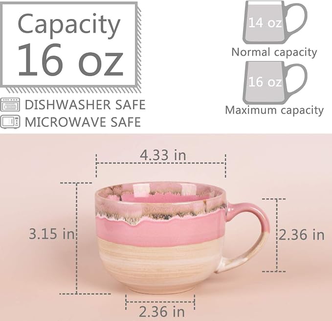 Bosmarlin Large Ceramic Coffee Mug Set of 2, Stoneware Jumbo Latte Mugs Tea for Office and Home, 16 Oz, Dishwasher and Microwave Safe(Pink, 2) - Image 2