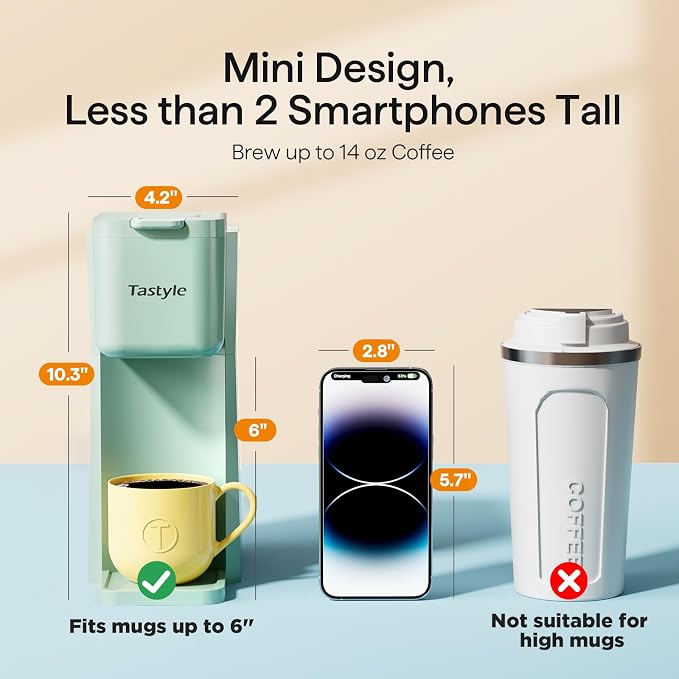 Tastyle Mini Single Serve Hot and Iced Coffee Maker for K Cup and Ground | 6 to14 Oz Brew Sizes, with Recipe Book, for Home, Travel, RV, Office and Dorm, 120V, K310IC, 2.0 version, Mint - Image 4