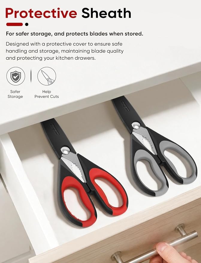 iBayam Kitchen Scissors Shears All Purpose Heavy Duty, Protective Sheath | 2-Pack, Ultra-Sharp Stainless Blades, Soft Comfort-Grip, Dishwasher Safe, Cutting Food Cooking Meat Poultry Kitchen Utensils - Image 7