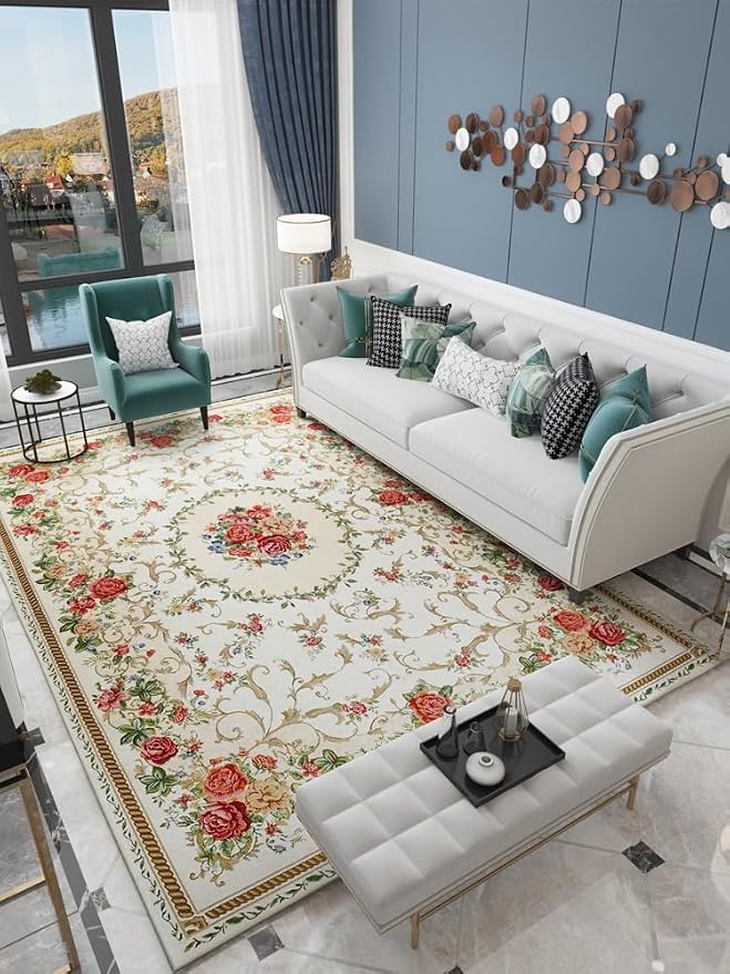 Vintage Rustic Shabby Rose Rugs Luxury Soft Elegant Traditional Rugs Floral Accent Carpet for Home Living Room/Bedroom, 5′3″ × 7′6″, Country Rose by Ukeler