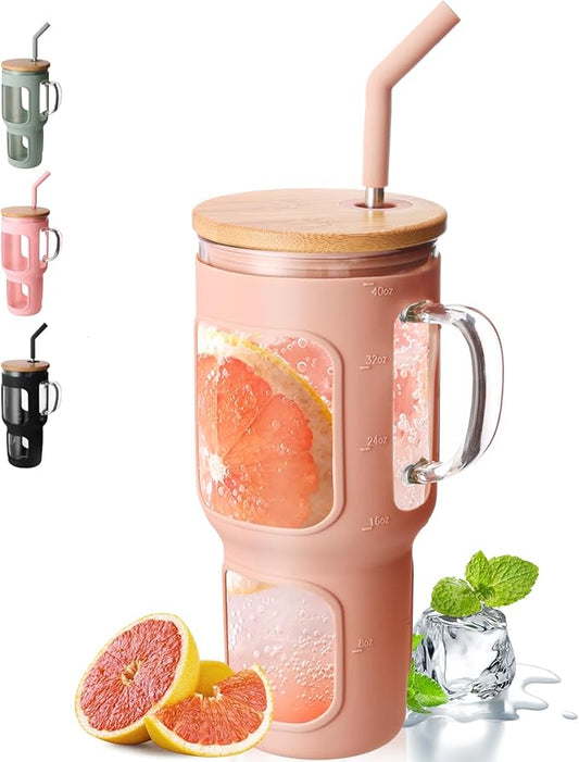 COMOOO 40oz Glass Tumbler with Handle, Bamboo Lid, Straw, Silicone Sleeve, Dishwasher Safe, Cup Holder Friendly, Amber