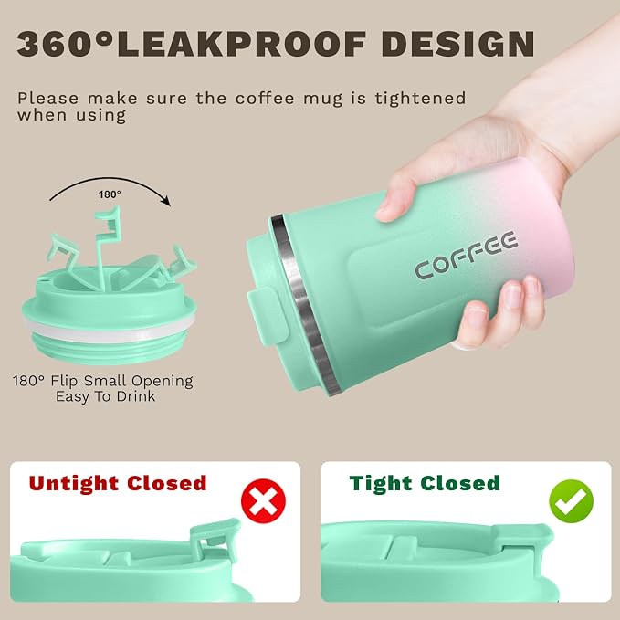SPLMIFA Travel Coffee Mug Leak-Proof, Reusable Coffee Cups with Lids, Stainless Steel Vacuum Insulated Coffee Tumblers, Thermal Insulation Cup for Men and Women Hot & Cold Drinks(2nd-Green Pink, 17OZ) - Image 5