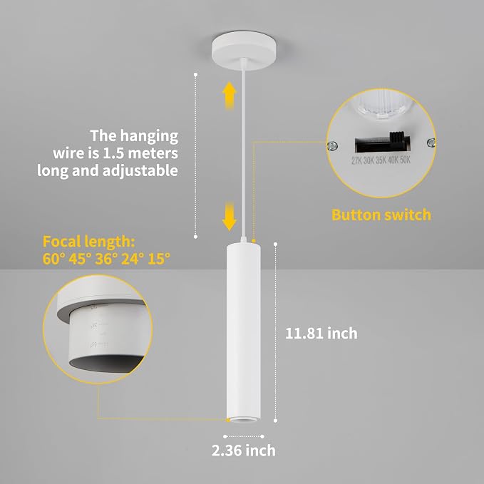 LED Pendant Lights Modern Island Lights Ceiling Hanging Spotlight | Zoomable15°-60°,5CCT/2700K-5000K,Dimmable,12W,Unique Pendant Lighting for Kitchen Island Bar,White - Image 5