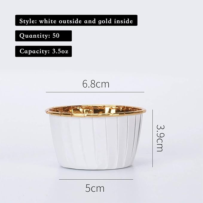 Party Hippo Cupcake Cups, 3.5 Oz 50 pcs Disposable Foil Muffin Liners, Gold Baking Cups, Ramekin Aluminum Cupcake Tip Pan Ramekin Holders, Little Baking Cups (White) - Image 2