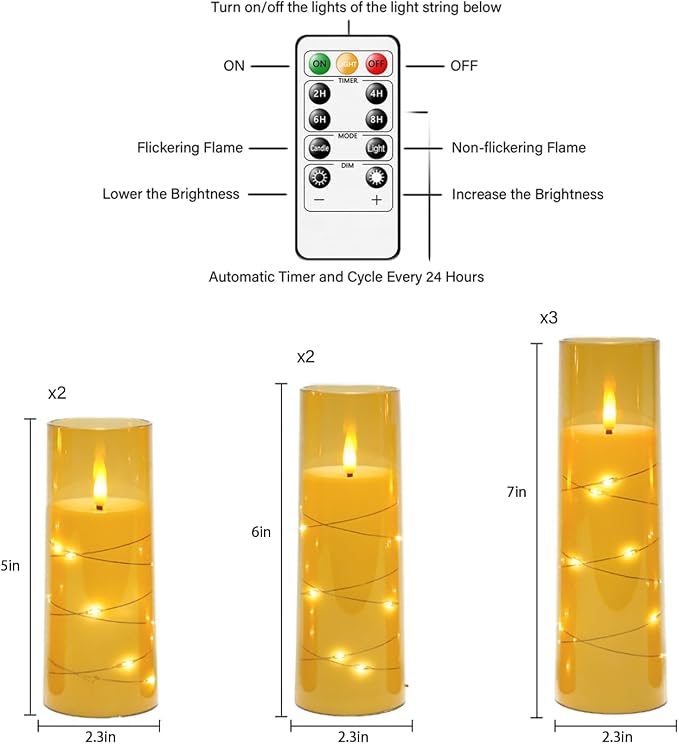 Flameless Candles,with Embedded Star String, Battery Operated Candles Flickering LED Pillar Candles with Remote Control and Timer, Home Decoration Add a Warm and Romantic Atmosphere，Set of 7 (Gold) - Image 5