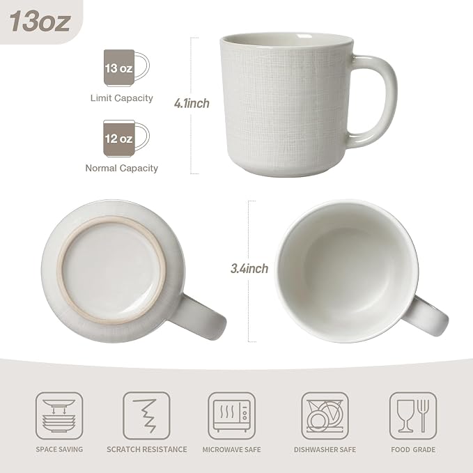 famiware Moonlight Coffee Mug Set of 4, 14oz Mug Set with Linen Finish, Coffee Cup Set with Handle for Latte, Cappuccino, Tea, Hot Cocoa, Microwave and Dishwasher Safe, White - Image 3