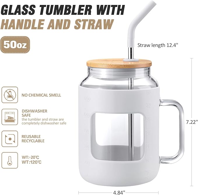 50 oz Glass Water Bottles with Silicone Sleeve,Glass Tumbler with Lid and Straw,Iced Coffee Cup with Handle,BPA Free-White