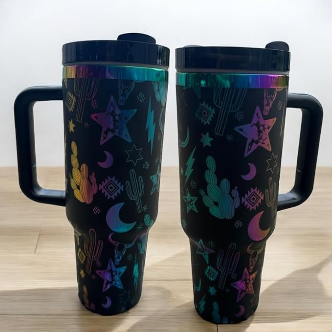 Western Engraved 40oz Tumbler, Tumbler with handle, Cowgirl Tumbler, Country Mug with Handle (Black/Rainbow- Western 3.0)