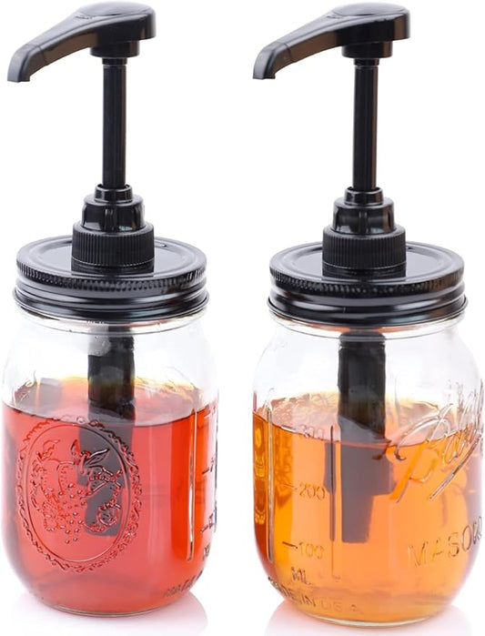 Glass Syrup Sauce Bottle with Dispenser Pump 16 Oz Mason Jar Honey Coffee Syrup Condiment Container Food Grade Airtight & Leak-Proof -2 Set