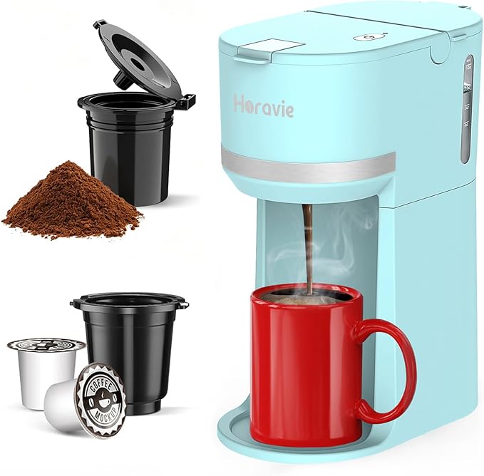Horavie Mini Single Serve Coffee Maker for K-Cup Pod and Ground Coffee, Fast Brew One Cup Coffee Machine with Descaling Reminder and Water Window, 6 to 12 oz. Brew Sizes, Light Blue by Horavie