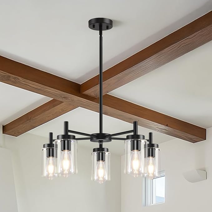 5 Lights Black Modern Farmhouse Chandelier for Dining Room with Glass Shade, Pre-Wired Height Adjustable Pendant Light Ceiling Lighting Fixture for Dining Living Room Bedroom Kitchen Foyer by SEILISY-STYLISHCHANDELIERS