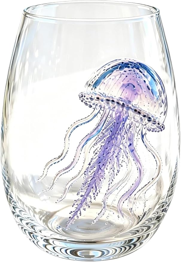 Handcrafted 3D Sea Turtle Stemless Wine Glass | Artisanal Ocean Theme Borosilicate Glassware, Coastal Marine Animal Decorative Drinkware, Coastal Home Decor Gift(Jellyfish) by Unknown