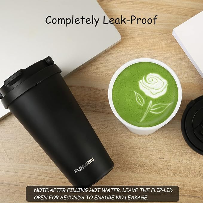 Funkrin Insulated Coffee Mug with Ceramic Coating, 16oz Iced Coffee Tumbler Cup with Flip Lid and Handle, Double Wall Vacuum Leak-Proof Travel Mug for Office School Party Camping - Image 7
