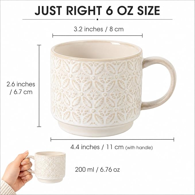 6 Oz Coffee Cups Set of 4, Espresso Cups with Stand, Stackable Cappuccino Mugs Set, Embossed Coffee Cup for Latte, Tea, Cocoa, Mocha, Housewarming Present, Dishwasher Safe - Image 5