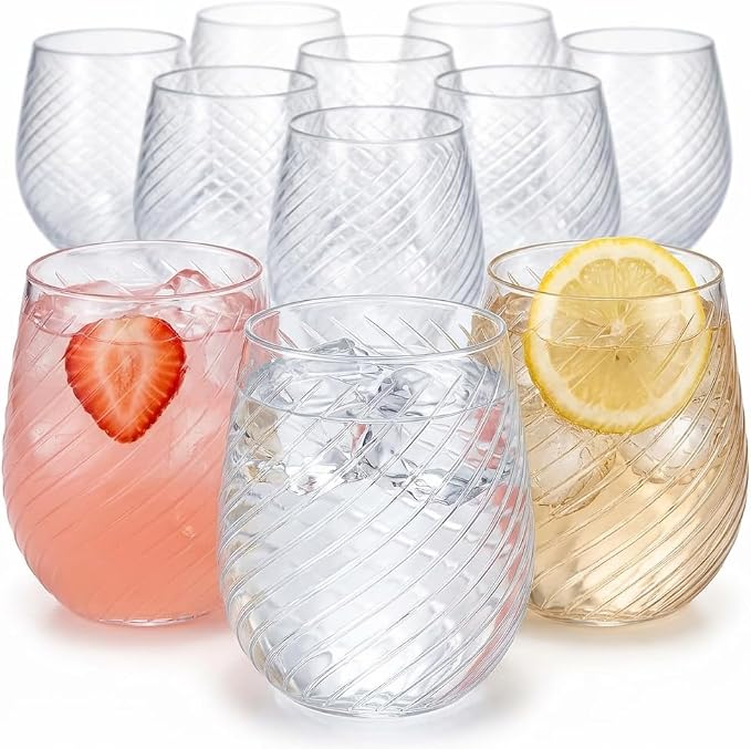 Oojami 40 Pack 12 oz Disposable Wine Glasses Stemless Ribbed Plastic Cups | Shatterproof Unbreakable BPA-Free, Recyclable Reusable Cocktail Champagne Whiskey Wine Cups for Wedding Birthday Party by Oojami