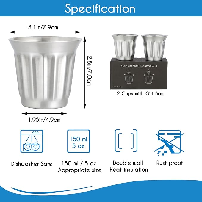 Easyworkz Stainless Steel Double-Wall Espresso Cups 5 oz Set of 2, Vertical Stripe Design, Brushed Silver