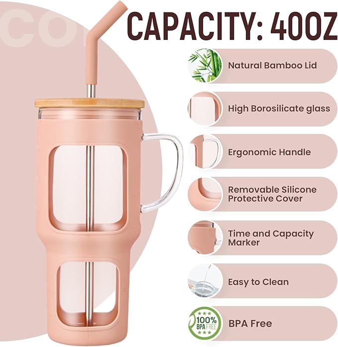 COMOOO 40oz Glass Tumbler with Handle, Bamboo Lid, Straw, Silicone Sleeve, Dishwasher Safe, Cup Holder Friendly, Amber
