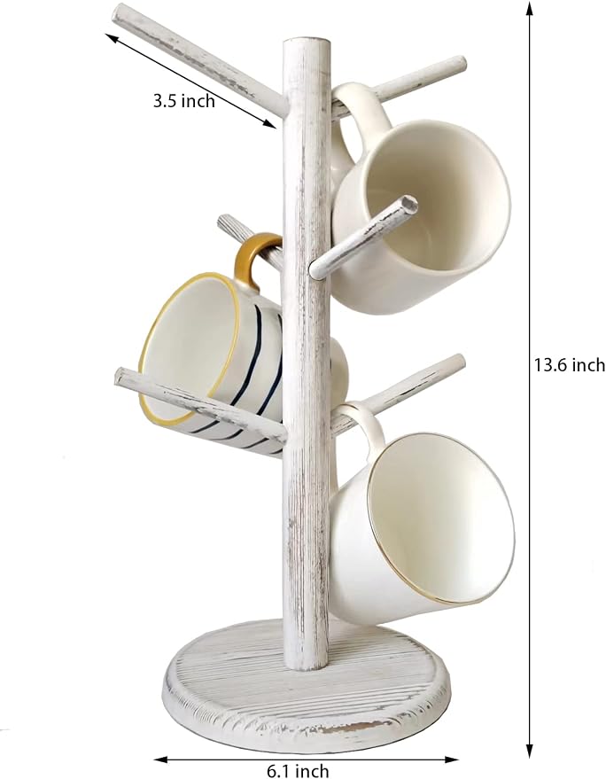 Dorhors Mug Holder Tree,Coffee Cup Holder,Mug Rack Stand Hook,Bar Organizer | Rustic White Wood Coffee Station Accessories 6 Hook,Coffee Shelf Decor for Kitchen Countertop,Counter Storage Display Mug,Cup - Image 7