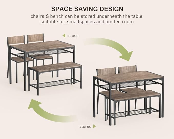 Gizoon 4-Piece Dining Table Set for 4, Kitchen Table with Bench Grey | Space-saving grey 4-piece dinette set with metal storage rack. Includes 2 ergonomic chairs and 1 bench. Easy to clean. - Image 4