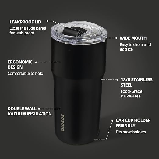 BJPKPK 20oz Spill Proof Coffee Tumbler, Insulated Stainless Steel Cup | Double Wall Vacuum, Leakproof Lid, Keeps Hot/Cold/Iced, BPA Free, Dishwasher Safe, Cupholder, Travel, Black - Image 2