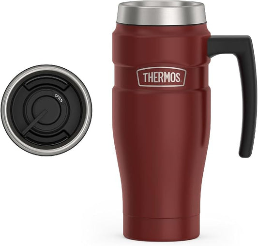 THERMOS Stainless King Vacuum-Insulated Travel Mug with Handle - 16oz, Rustic Red - Thermos Tumbler for Hot & Cold Drinks - Leak-Proof & Sweat-Proof Stainless Steel Coffee Mug with Lid for Commuting by Thermos
