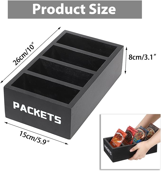BSTKEY Seasoning Packet Organizer, Food Packet Storage Organizer with 4 Compartments, Black Wooden Storage Caddy for Kitchen Pantry Cabinet, Farmhouse Kitchen Organization Bin for Snacks Spice Packets - Image 2