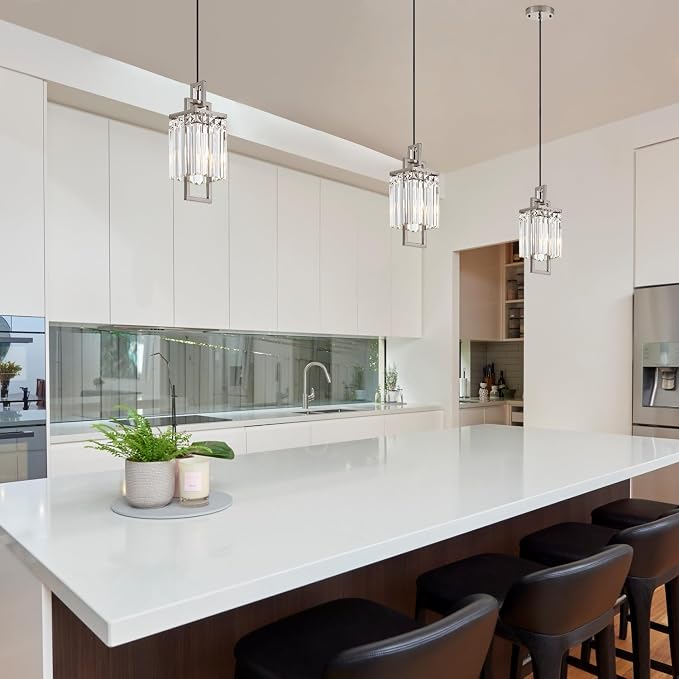 Modern Brushed Nickel Pendant Light Fixture for Kitchen Island and Dining Room, Industrial Small Hanging Crystal Chandelier Light Fixture for Bedroom Entryway Living room Foyer Hallway 3-Pack - Image 4
