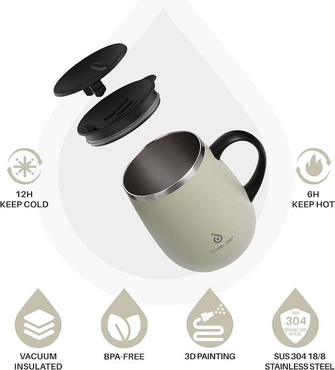 Ideus 16 oz (470 ml) Insulated Coffee Mug with Handle and Lid, Double Wall Stainless Steel Vacuum Thermal Coffee Mug, Travel Coffee Cup Thermal Cup for Home and Office (Celadon) - Image 2